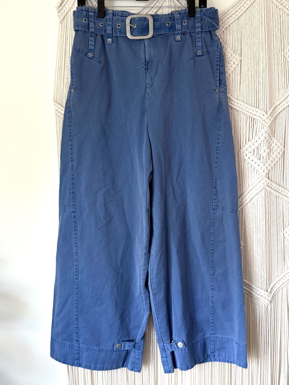 Free People Belted Boyfriend Wide Leg Blue Cotton Pants M NWOT - Picture 2 of 13